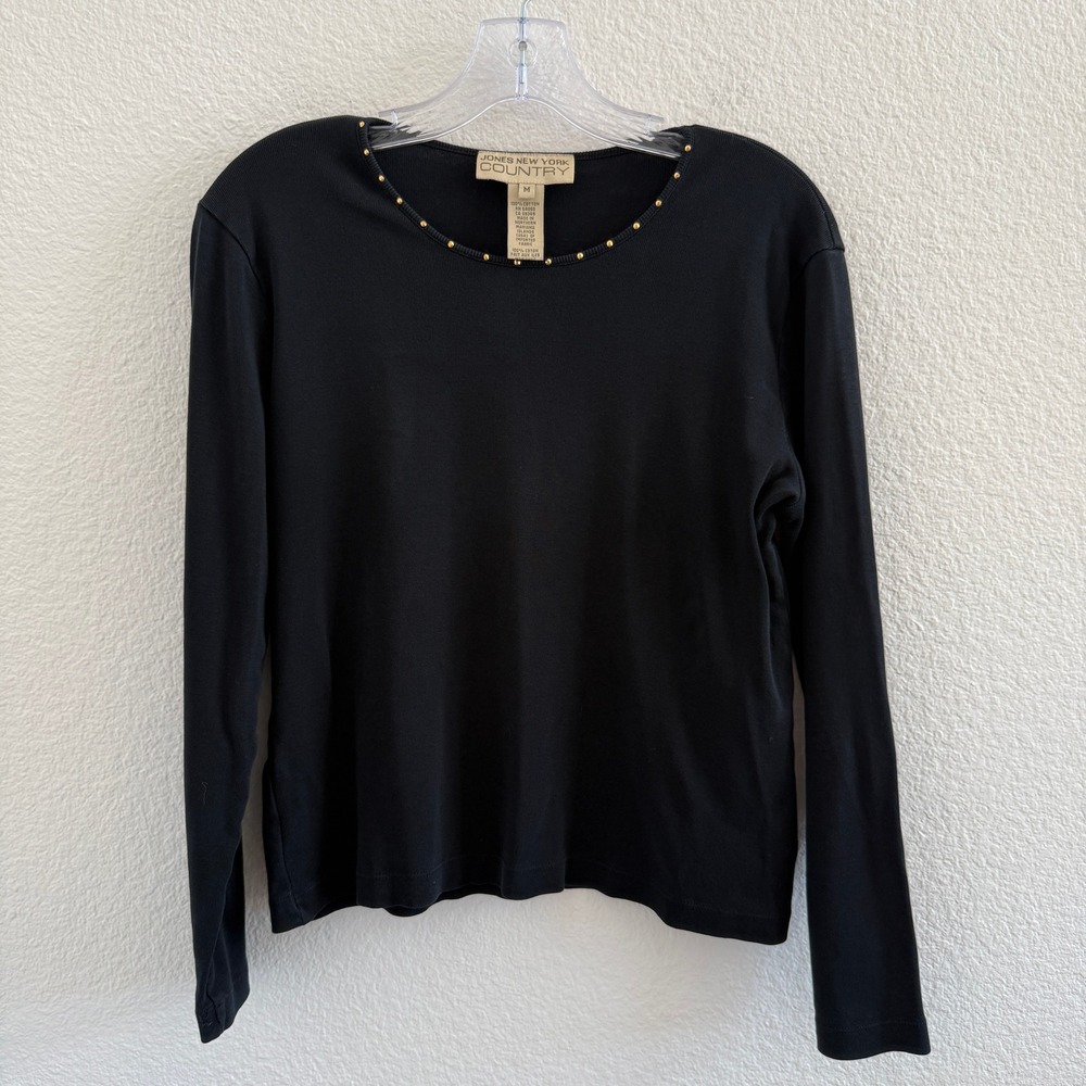 Vintage Jones New York Country Black 100% Cotton Rib Rhinestone Long Sleeve Top